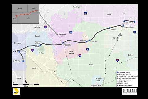 Map of the 42 km Cotton Belt commuter rail line.